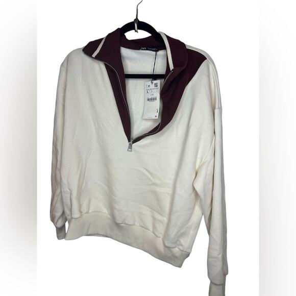 Zara NWT L sweatshirt maroon and cream - Picture 1 of 5
